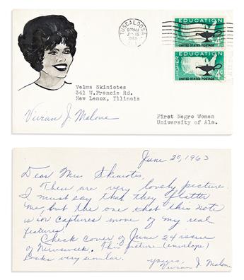 (CIVIL RIGHTS.) Letter by Vivian Malone just after arriving at the University of Alabama, with a signed portrait on a postal cover.